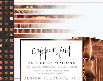 Copper Foil Photoshop Style Pack • One Click Layer Style Pack • Incluye archivos .asl .ai .pat + jpg Papers • Text Style • 50 estilos incluidos