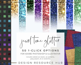 Jewel Tone Glitter Photoshop Style Pack • One Click Layer Style Pack • Includes .asl .ai .pat Files + jpg Papers • Text Style • 50 Styles