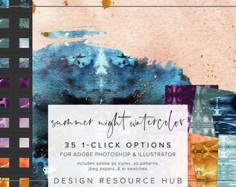 Summer Nights Watercolor Photoshop Style Pack • Estilos de capa con un solo clic • Incluye archivos .asl .ai .pat + papeles jpg • Estilo de texto • 35 estilos