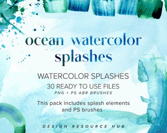 Ocean Watercolor Splash Pack • Ilustraciones de logotipos • Gráficos de sitios web • Gráficos de acuarela • Pinceles de Photoshop • Texturas de acuarela