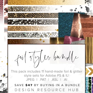 Folien Photoshop Layer Style Bundle • One Click Layer Style Pack • Beinhaltet .asl .ai .pat Dateien + jpg Papiere • Textstile