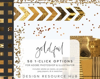 Gold Foil Photoshop Style Pack • One Click Layer Style Pack • Includes .asl .ai .pat Files + jpg Papers • Text Style • 50 Included Styles