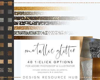 Metallic Glitter Photoshop Style Pack • One Click Layer Style Pack • Incluye archivos .asl .ai .pat + papeles jpg • Estilo de texto • 40 estilos