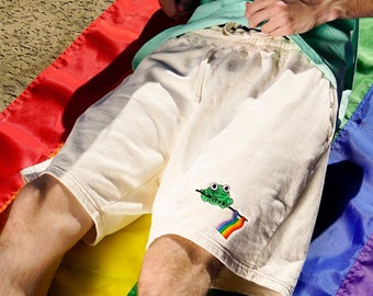 Frosch-Stolz Regenbogen Shorts | LGBTQ+ Pride | Bestickte Shorts | Pride Shorts | Komfort Farben Shorts | Stolz | Süße Pride Shorts