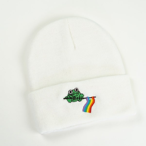 Frog Pride Rainbow Beanie | Embroidered Beanie | Aesthetic Beanie | Cute Beanie | Pride Beanie | LGBTQ+ Pride | Gay Pride Beanie