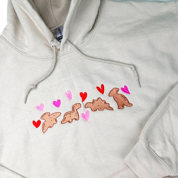 Dino Nuggets Hearts Hoodie | Valentine Hoodie | Chicken Nugget | Embroidered Hoodie | Aesthetic Hoodie | Sweatshirt | Pullover | Sweater