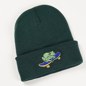 Frog On Skateboard Funny Beanie | Embroidered Beanie | Aesthetic Beanie | Cute Beanie