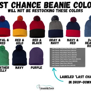 May include: A selection of beanies in colours such as navy and red, and purple. The text "LAST CHANCE BEANIE COLORS" is displayed. A drop-down menu is labelled "LAST CHANCE".