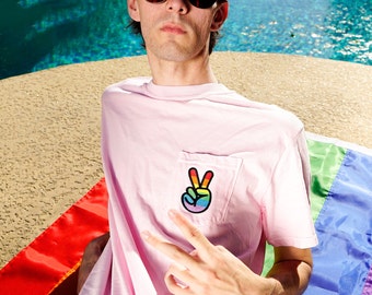 Pride Rainbow Peace Sign Pocket Tee | LGBTQ+ Pride Shirt | Pride Embroidery | Embroidered | Aesthetic T-shirt | Pride Peace
