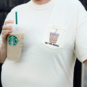 On The Rocks Iced Coffee Embroidered Pocket Tee | Funny Tee | Shirt | Embroidered Shirt | Embroidery | Embroidered | Aesthetic T-shirt