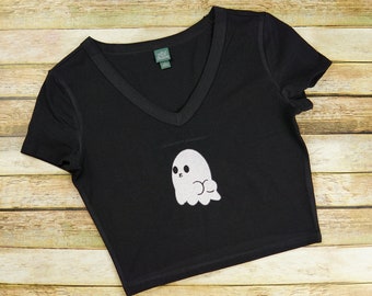 Ghost Boo Booty Halloween Cropped V-Neck | Crop Top | Women's Tee | V-Neck Shirt | Cropped Shirt | Cute Crop Top | Cute V-Neck Crop Top