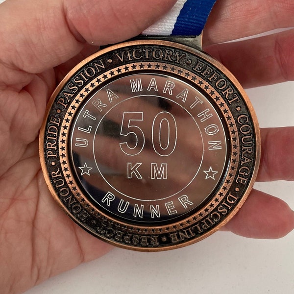 50KM ULTRA MARATHON Engraved Running Medal, Gold, Silver or Bronze, Personalise with your own text, Choice of ribbon colours, 50K