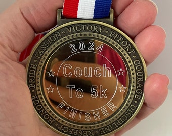 COUCH TO 5K Finisher, Engraved Running Medal, Gold, Silver or Bronze, Personalise with your text, Choice of ribbon colours, Couch 2 5K, C25K