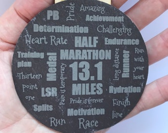 Slate HALF MARATHON 13.1 Miles Running medal - Marathoner Bespoke Virtual Running Medal Keepsake Gift Reward - Red Blue Pink Ribbons