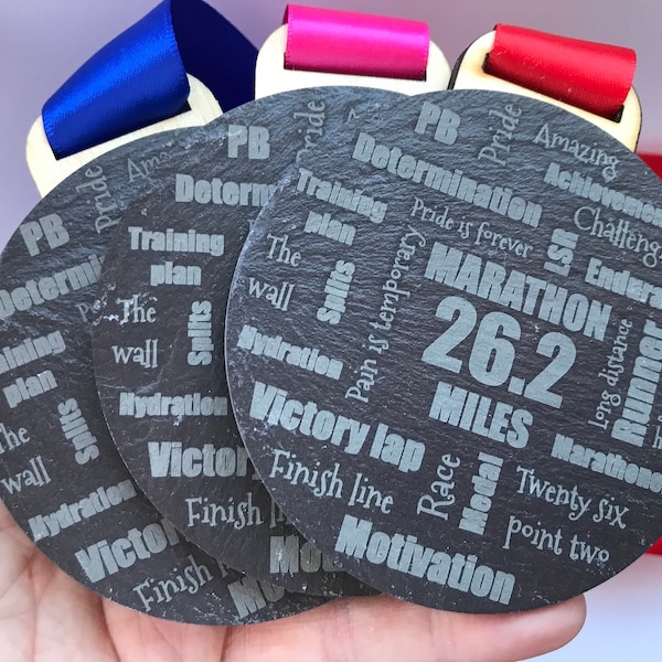 Slate MARATHON 26.2 Miles Running medal - Marathoner Bespoke Virtual Running Medal Keepsake Gift Reward - Red Blue Pink Ribbons