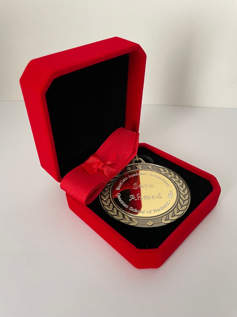 Engraved Antique Gold, Silver, Bronze Heavyweight Quality Medal in Luxury Velvet Presentation Case, Personalised with your message or Logo, image 2