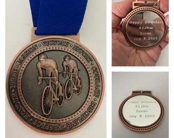 CYCLISTS Engraved 60mm Bronze Medal, Personalise with your own text, Choice of ribbon colours