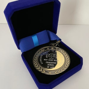 Engraved Antique Gold, Silver, Bronze Heavyweight Quality Medal in Luxury Velvet Presentation Case, Personalised with your message or Logo,