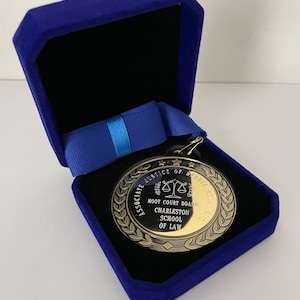 Engraved Antique Gold, Silver, Bronze Heavyweight Quality Medal in Luxury Velvet Presentation Case, Personalised with your message or Logo, image 1