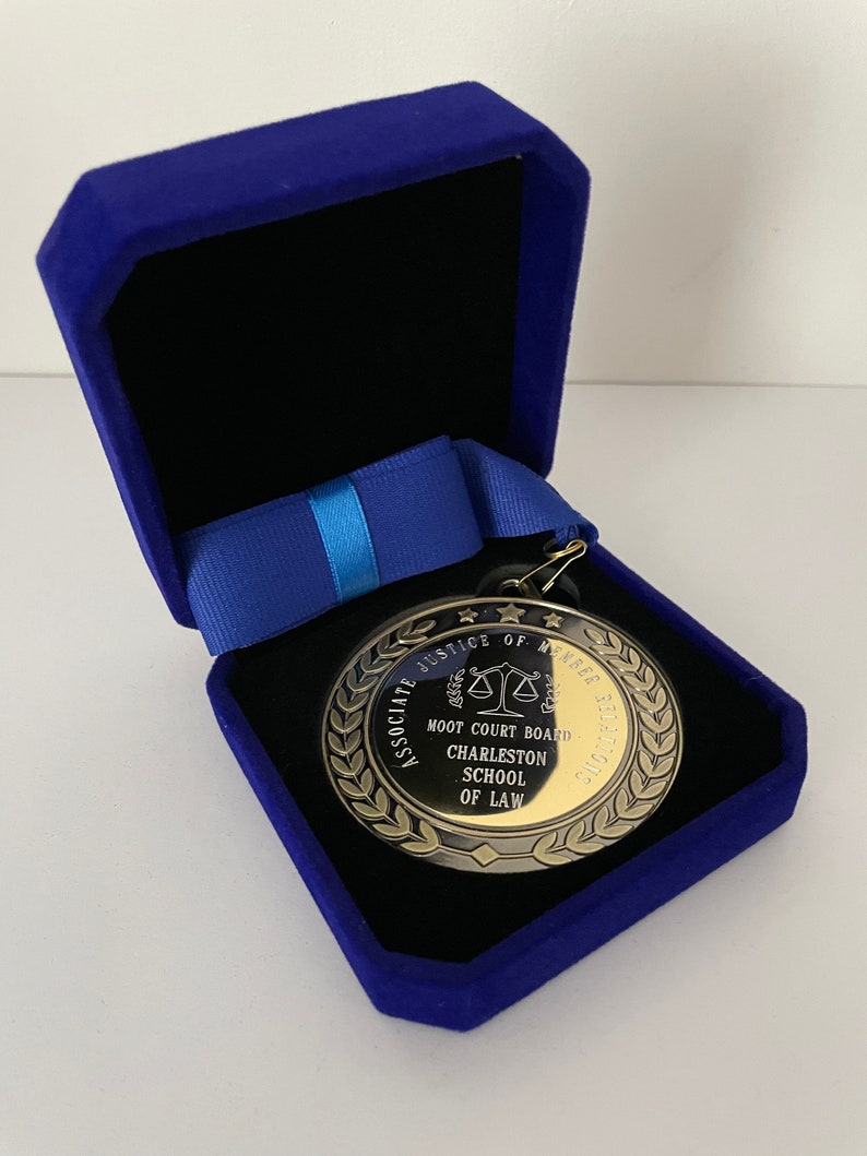 Engraved Antique Gold, Silver, Bronze Heavyweight Quality Medal in Luxury Velvet Presentation Case, Personalised with your message or Logo, image 1