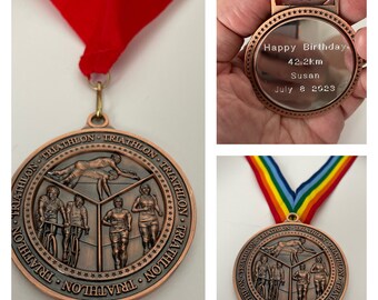 TRIATHLON Médaille de bronze gravée 60 mm, Personnalisez avec votre propre texte, Choix de couleurs de ruban