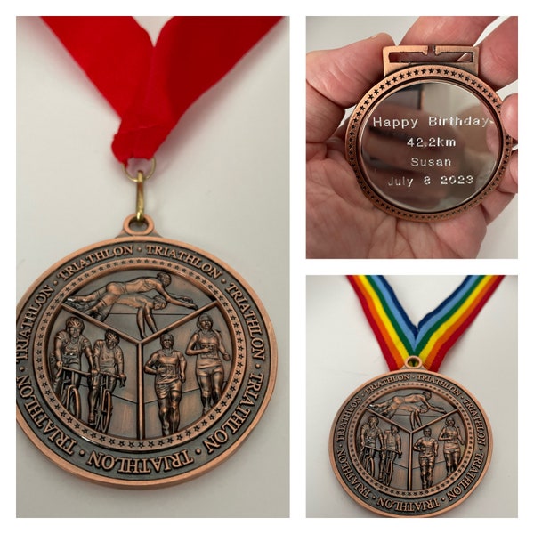 Medalla de bronce TRIATHLON grabada de 60 mm, personalice con su propio texto, colores de cinta a elegir