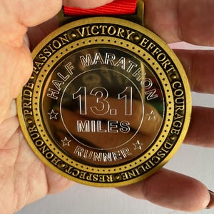 Engraved 13.1 Half Marathon Medal: Gold, Silver, Bronze, Personalised Text