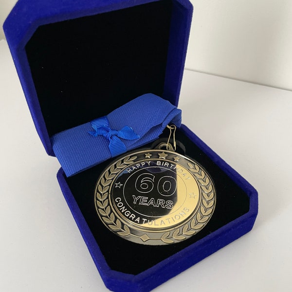 60TH BIRTHDAY Engraved Medal, in a Luxury Presentation Case, Gold or Silver, Personalised with your own text, 60 Years Birthday Present