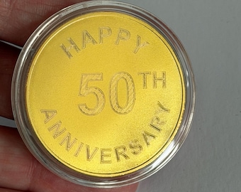 50th ANNIVERSARY COIN, Engraved Personalised Gift, Gold or Silver, with acrylic display case