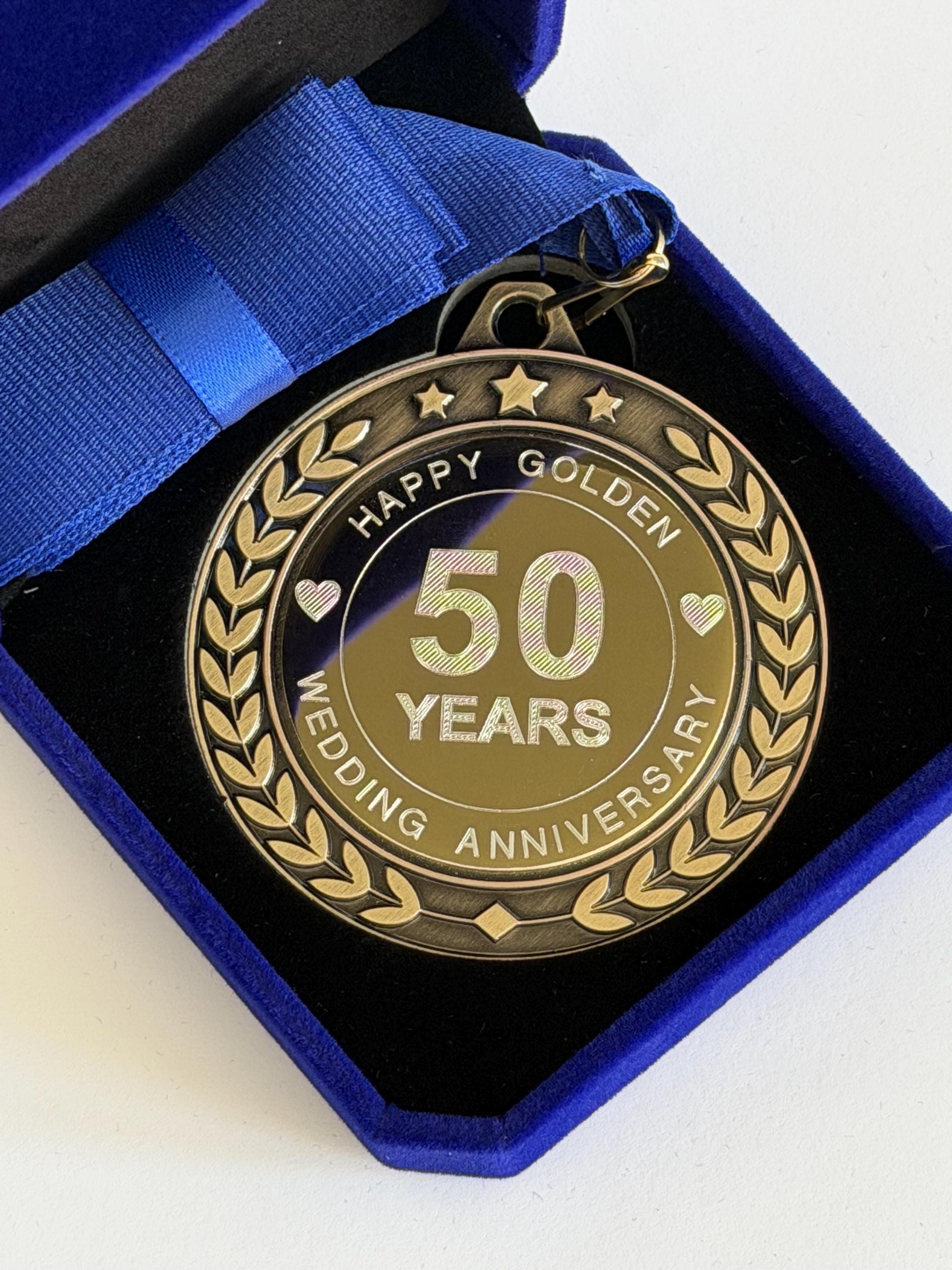 50th Anniversary Antique Gold Engraved Gift Medal in Velvet Box