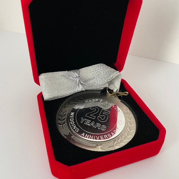 25th Wedding Anniversary Shiny Silver Engraved Medal in a Luxury Presentation Case, Personalise with your text, Silver Anniversary Gift