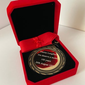 Engraved Double Sided Gold, Medal in a Velvet Presentation Case, Personalised with your Logo and/or Text,