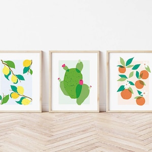 Può includere: Tre stampe incorniciate con illustrazioni di limoni, un cactus e arance. La stampa di limone ha uno sfondo blu chiaro con limoni gialli e foglie verdi. La stampa di cactus ha uno sfondo verde chiaro con un cactus verde con fiori rosa. La stampa di arancia ha uno sfondo rosa chiaro con arance arancioni e fiori bianchi.
