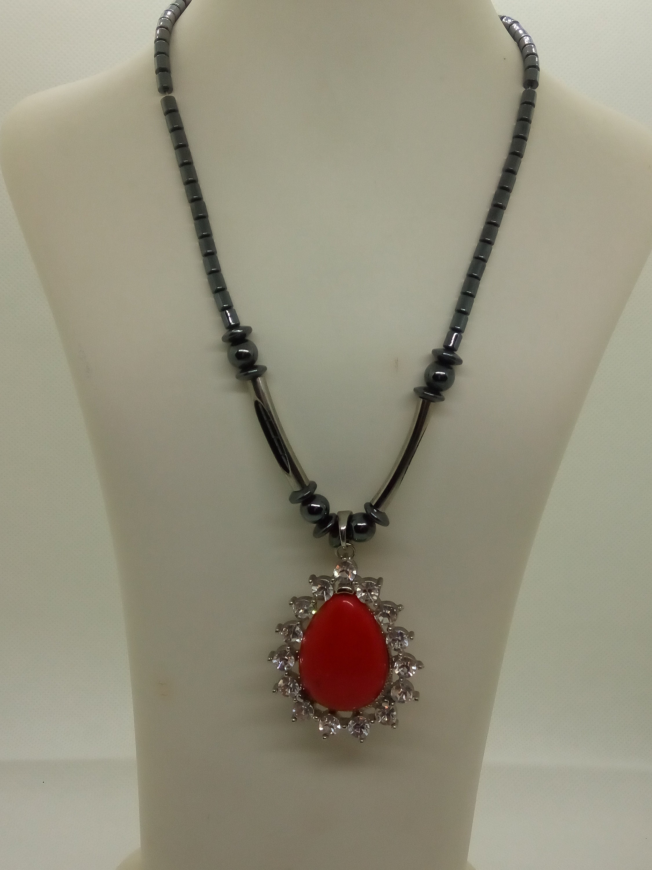 Beautiful Hematite, Coral Colored Glass Necklace With Teardrop Shaped