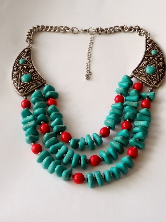 Tibetan 3 strand necklace with Turquoise & Coral H