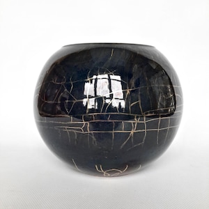 Handmade Round Dark Ceramic Flower Vase / Gold Stripe Vase / Home Decor / Housewarming Gift / Black Flower Vase