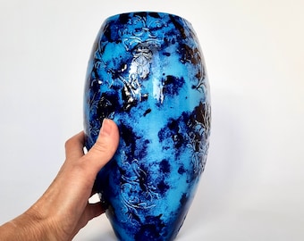 Blauwe handgemaakte keramische bloemenvaas / moderne bloemenvaas / interieur / verjaardagscadeau / cadeau voor haar / Vaas - winterpatronen