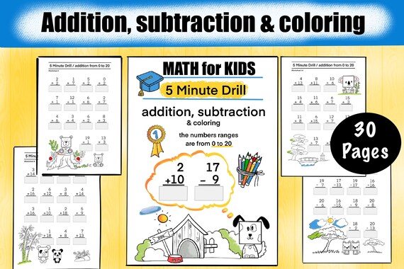 addition subtraction coloring 30 printable worksheets etsy canada