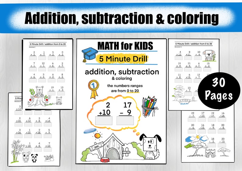 addition subtraction coloring 30 printable worksheets etsy