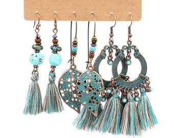 Set of 3 Boho Earrings for Women, Tribal Earrings, Statement Earrings, Retro Earrings, Boho Style Jewelry, Unique Bohemian Dangle Earrings