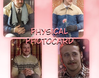 May include: A set of four physical photocards featuring a man with a mustache in various outfits, including a blue and tan jacket, a patterned sweater, and a plaid shirt, with the text PHYSICAL PHOTOCARD overlaid in the center of the image.