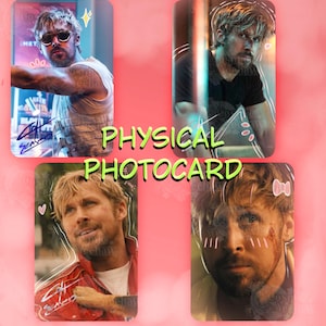 May include: A collection of four physical photocards featuring a man with blonde hair and a beard in various scenes. The cards include decorative white line art, small pink hearts, and a signature. The text PHYSICAL PHOTOCARD is centered.