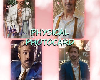 May include: Four physical photocards featuring a man in various outfits. The cards have a pink background with white doodles and the text "PHYSICAL PHOTOCARD". Each card has a different image of the man.
