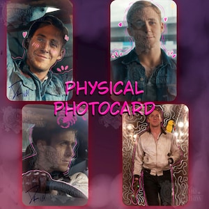 May include: A collage of four rectangular photocard images featuring a man in various scenes. The text PHYSICAL PHOTOCARD is centered in bright pink. Each image includes decorative pink line art, doodles, and the handwritten signature Driver.