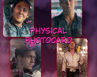 May include: A collage of four rectangular photocard images featuring a man in various scenes. The text PHYSICAL PHOTOCARD is centered in bright pink. Each image includes decorative pink line art, doodles, and the handwritten signature Driver.