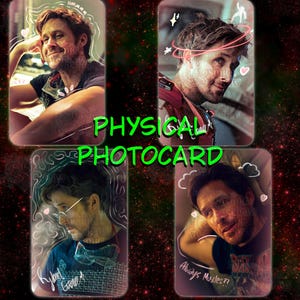 May include: Four rectangular physical photocards featuring images of a man with brown hair. The cards include white line art doodles, hearts, and the text "PHYSICAL PHOTOCARD" in green. One card shows the text "Always Muscles??" and a signature.