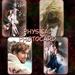 May include: Four physical photocards featuring images of a person in different poses, with hearts and musical notes. The text "PHYSICAL PHOTOCARD" is displayed in pink across the centre of the image.