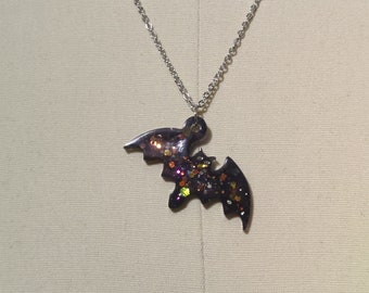 Handmade Glitter Resin Bat Necklace: Spooky Halloween Jewelry