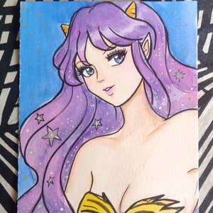 Lum Urusei Yatsura Fan Art: Anime Girl Watercolor Painting (5.5 x 8.5 inches)