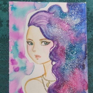 Anime Girl Galaxy Watercolor Painting: Unique Kawaii Art (5.5 x 8.5 inches)